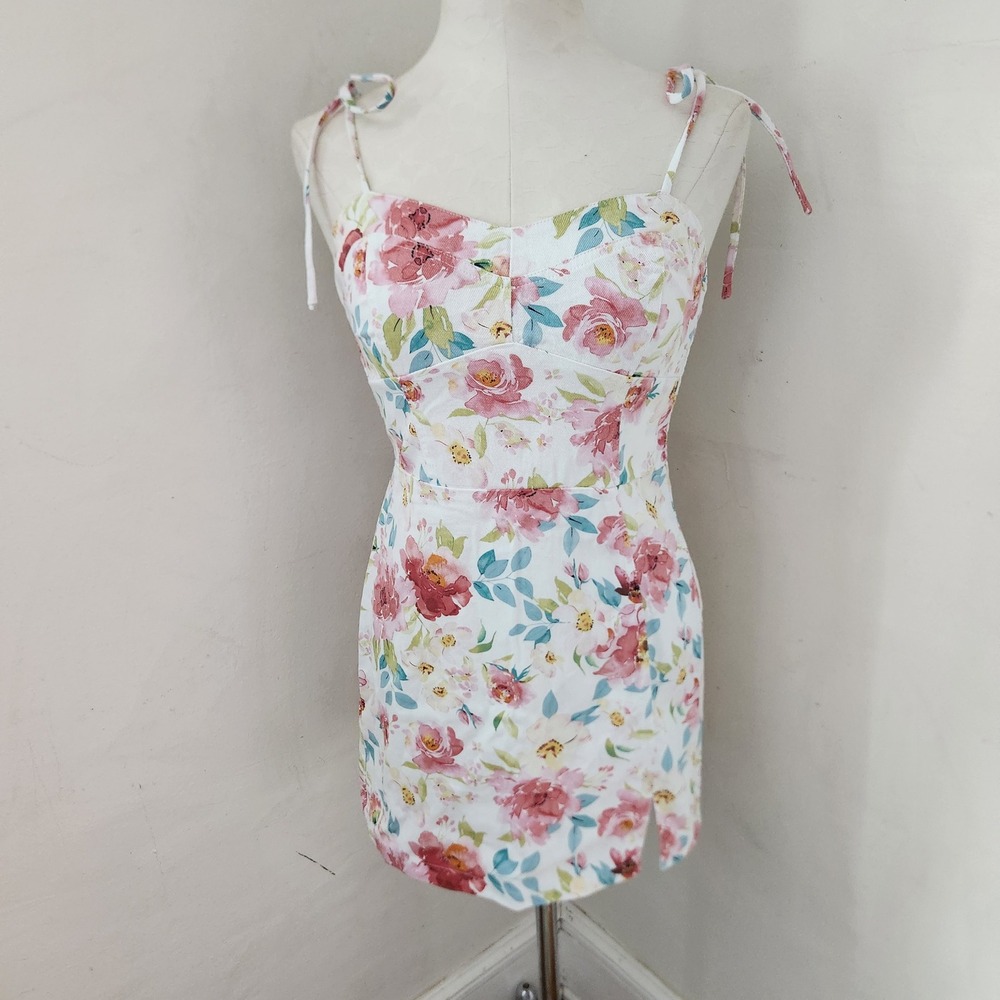 Storia‎ Floral Mini Dress White Pink Tie Shoulder Sweetheart Womens Medium